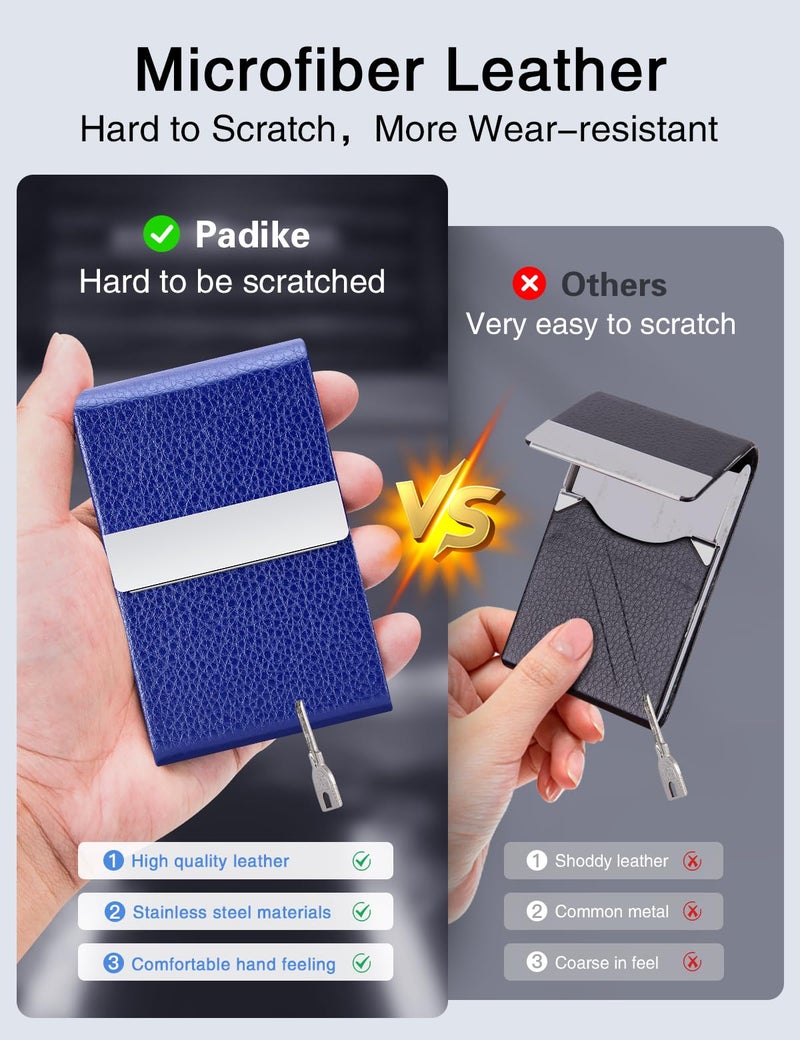 Padike Professional Business Card Holder PU Leather Business Card Case Name Card Holder Slim Metal Pocket Card Holder with Magnetic Shut (Blue) - Image 3